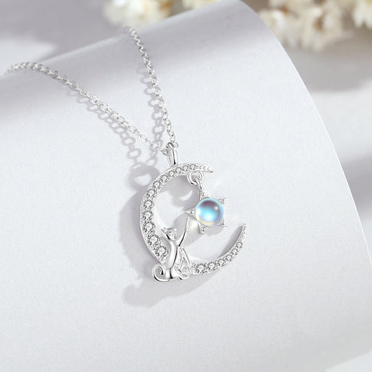 Moonlight Cat Necklace – 925 Sterling Silver Magic Color Pendant